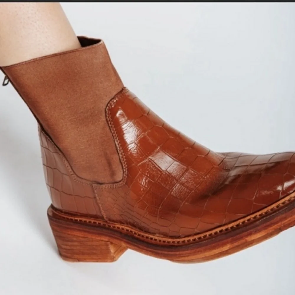 Free People Brown Croc-Embossed Leather Ankle Boots